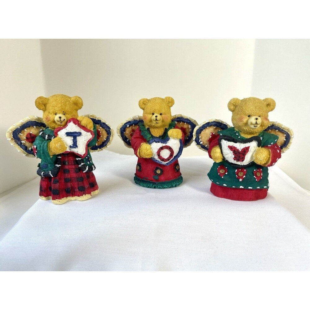 Vintage Dolgencorp Joy Angel Bears Holiday Christmas Patchwork Polyresin